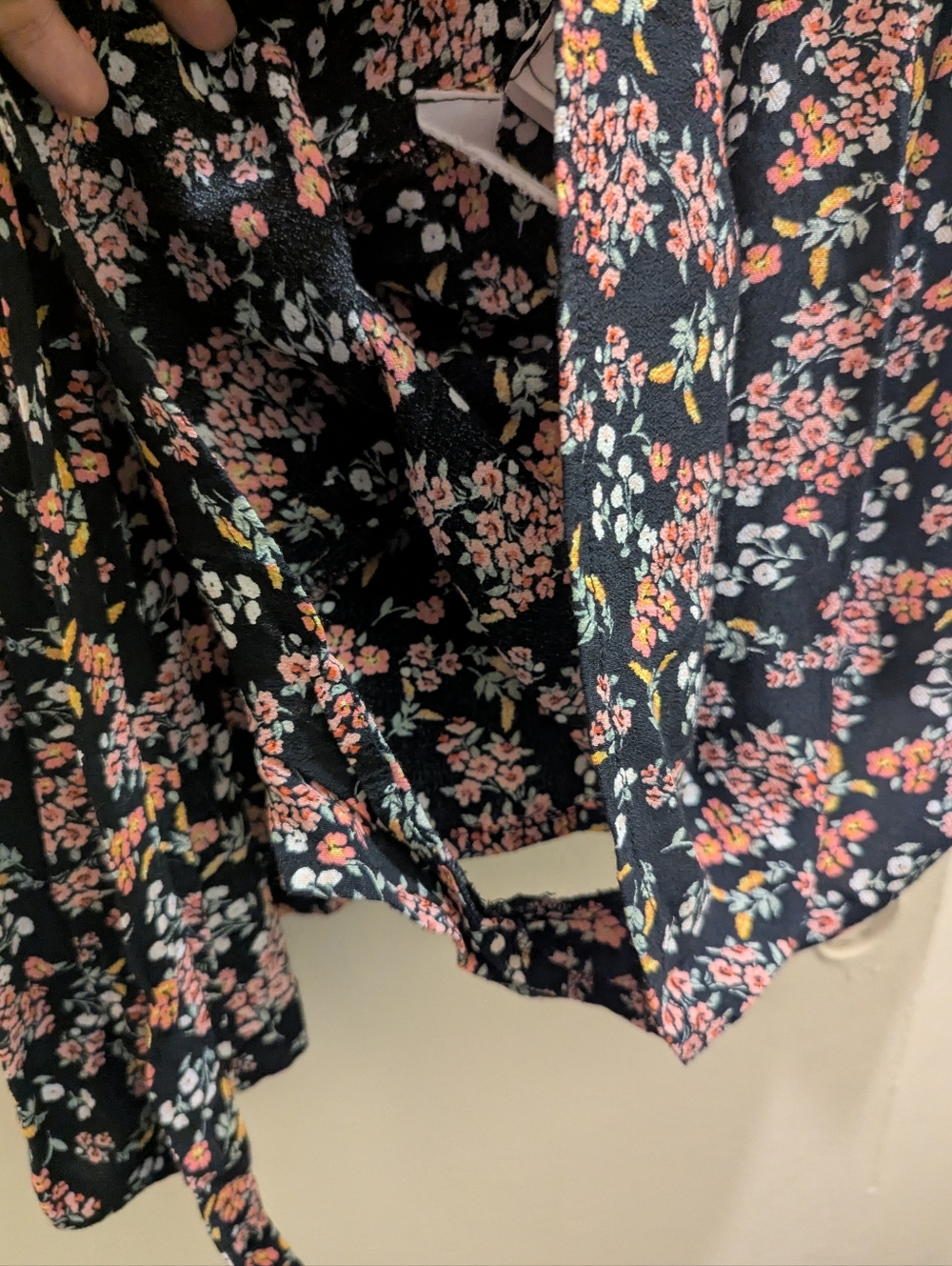 LOFT Black Floral Wrap Romper with Pink & Cream Flowers V-neck Tie Waist- 14 - Picture 12 of 16